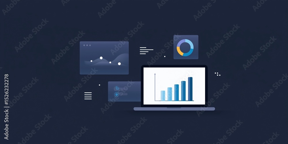 Poster laptop displaying data visualization with graphs and charts, surrounded by digital elements, illustr