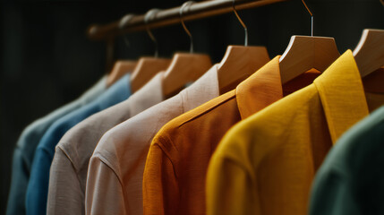 Row of colorful linen coat suits are hanged by wooden cloth hanger on the rail. Fashion lifestyle