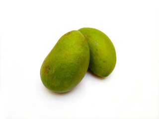 Fresh green mango fruit isolated on white background, tropical fruit, unripe mangoes for pickle