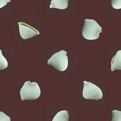 Seamless pattern of round green textured Italian wholegrain pasta on a brown background.