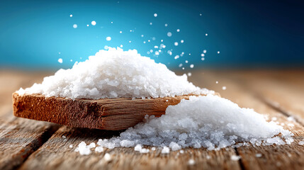 Coarse crystal salt on wooden surface with natural light
