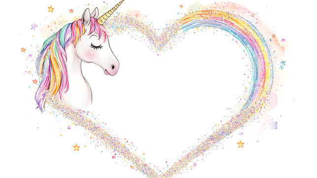 Magical unicorn photo frame, heart shape, border adorned with sparkling glitter, rainbows, stars, and a profile of a cute cartoon unicorn with a rainbow mane, 