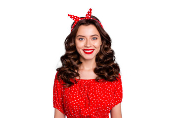 Photo of nice charming girl with headband on her head while isolated over purple background