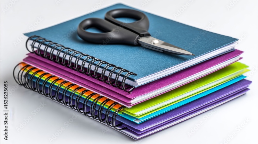 Poster a stack of colorful notebooks with a pair of scissors on top. the scissors are black and silver, and