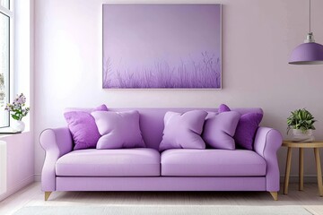 A serene minimalist living room featuring a stylish sofa and calming artwork.