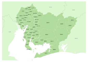 日本の都市、愛知県の都市名や行政区分付きの地図（市町村の地名や、行政区分の線付き）