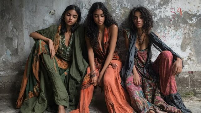 Three models pose in bohemian attire against a textured wall