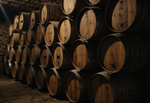 Stacked wine barrels in a rustic aging cellar, showcasing craftsmanship