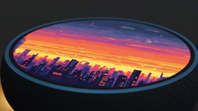 Echo dot displaying a cityscape at sunset with orange and purple skies on a dark surface setting scene