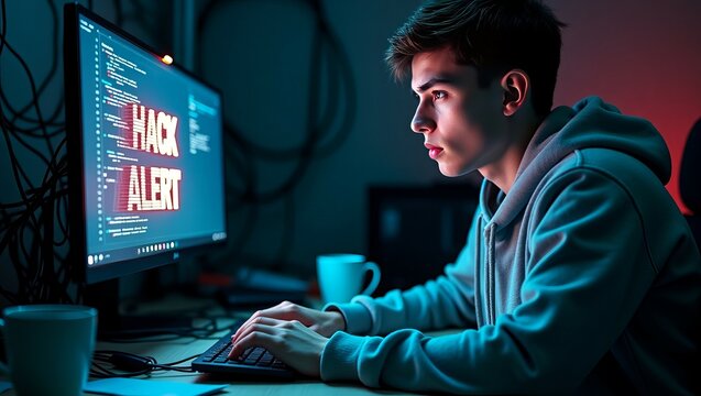 Focused young Caucasian male programmer working late at night on cybersecurity issues. - Powered by Adobe