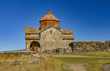 medieval Surb Astvatsatsin church at the top on Sevan Peninsula (Gegharkunik Province, Armenia)