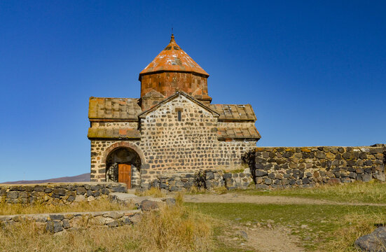 medieval Surb Astvatsatsin church at the top on Sevan Peninsula (Gegharkunik Province, Armenia)
