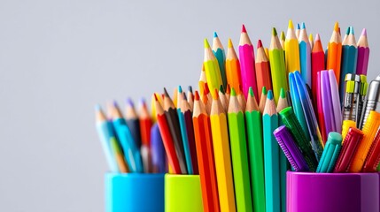 Fototapeta premium A bunch of colorful pencils and pens are in a row. The pencils are in a blue container and the pens are in a green container. The colors of the pencils and pens are bright and cheerful
