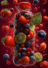 Fruit juice featuring a vibrant bottle composed of mixed fruits&mdash;strawberries, blueberries, cherries, and kiwifruit&mdash;seamlessly blended into its textured, organic surface.