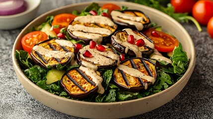 Smoky summer salad with charred eggplant, tahini drizzle, and pomegranate