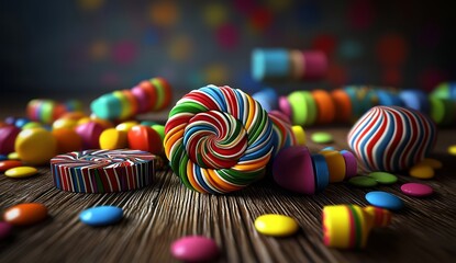 A vibrant array of romantic candies displayed on a wooden table.