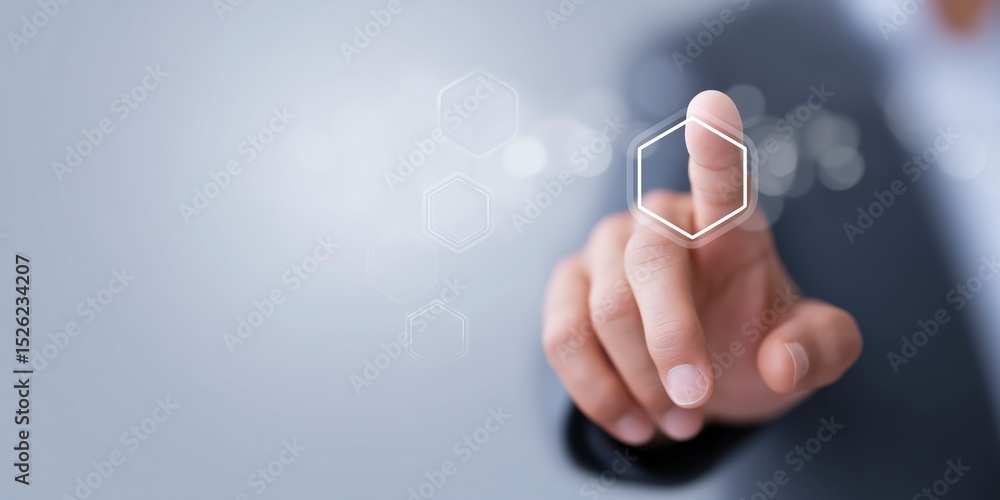 Poster business professional in a suit interacts with a digital interface, touching a virtual hexagon symbo