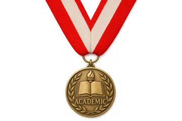 Bronze academic medal with book and torch symbol hanging from a red and white ribbon, isolated on transparent background