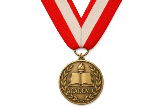 Bronze academic medal with book and torch symbol hanging from a red and white ribbon, isolated on transparent background - Powered by Adobe