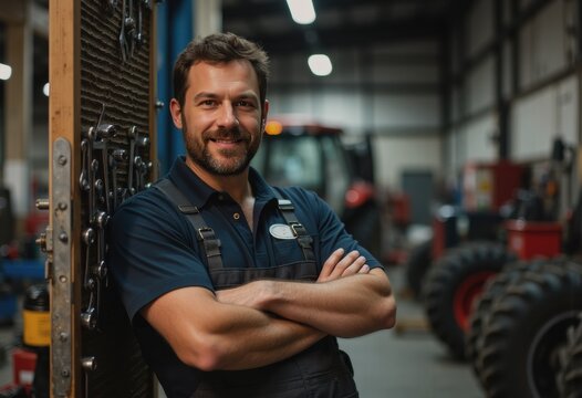 Tractor mechanic smiling confidently near workshop door