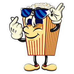 cartoon popcorn box mascot opening his sunglasses a little while giving a love sign, funny snack character vector illustration isolated on transparent background, work of hand drawn