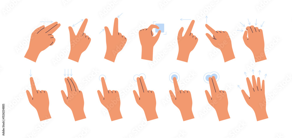Poster hand gestures on touch screen devices, set. fingers on touchscreen. open, tap, zoom actions, swipe, 