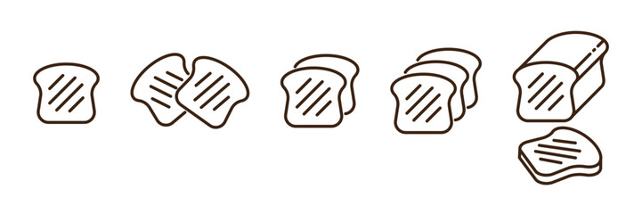 Obraz premium Toast bread linear icons set isolated on transparent background. Bread slices line icons. Toast bread slices vector illustration. Editable stroke.