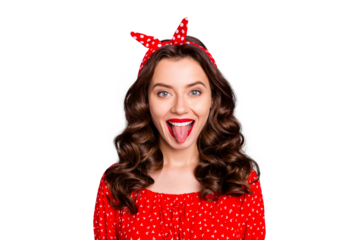 Photo of nice cute attractive beautiful charming girl showing her tongue in order to tease you while isolated with violet background