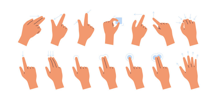 Hand gestures on touch screen devices, set. Fingers on touchscreen. Open, tap, zoom actions, swipe, pinch and click moves, rotate and drag. Flat vector illustration isolated on white background