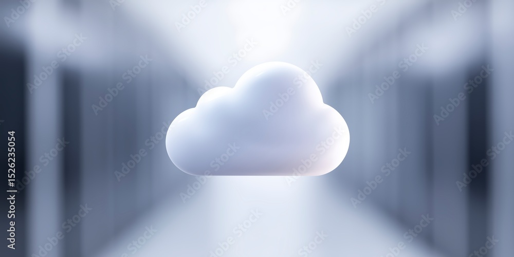 Poster white cloud illustration floating in a blurred modern environment, symbolizing digital storage and t