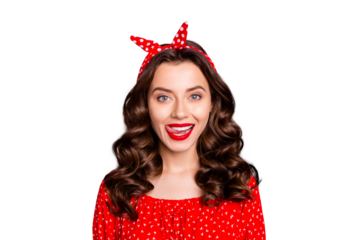 Photo of tricky flirty playful girlfriend licking her upper lip wearing red blouse while isolated with violet background