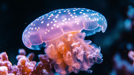 Obraz premium A juvenile jellyfish transitioning into a polyp stage on a coral surface