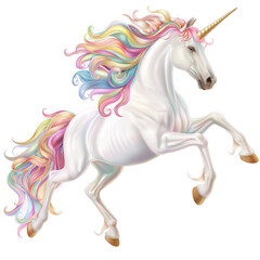 Fototapeta premium Majestic Unicorn Rearing on Hind Legs with Flowing Rainbow Mane, isolated on a transparent background