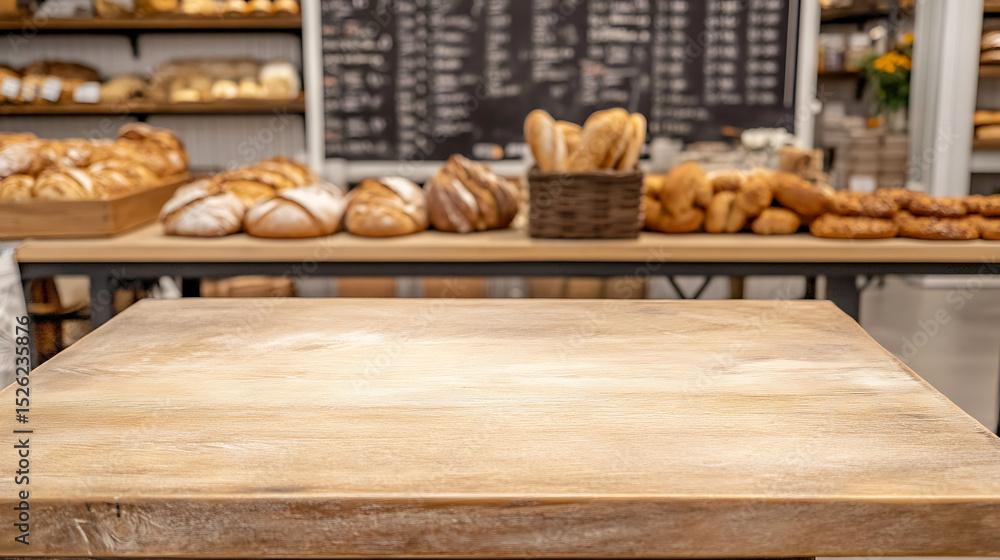 Aufkleber empty wooden table in a bakery with assorted bread loaves and pastries in the background