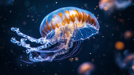 Fototapeta premium Close-up of jellyfish suspended mid-motion, bell contracting elegantly