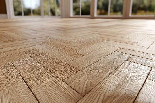Herringbone wood flooring in a bright room with natural light. Beautiful wooden texture for home interior design inspiration.