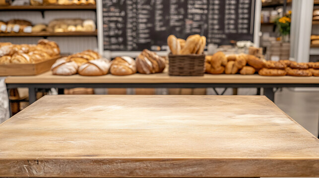Empty wooden table in a bakery with assorted bread loaves and pastries in the background