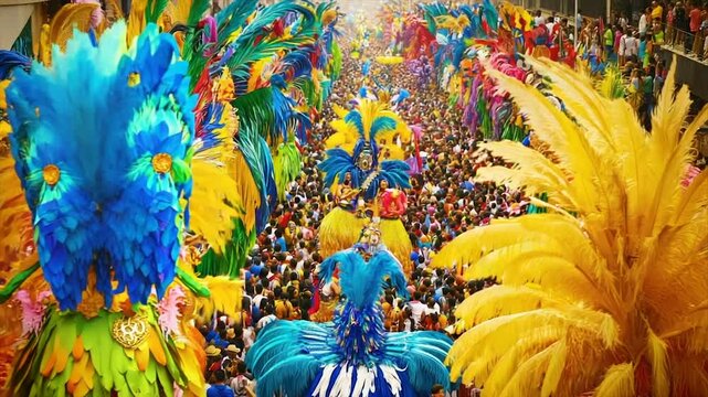 Vibrant carnival parade; massive crowds, dazzling costumes, and towering feathered headdresses fill the streets