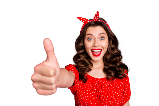 Photo of nice charming good cute girl thumbing up for you to get some respect from her while isolated with violet background