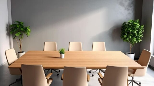 Conference room with a large wooden table, swivel chairs, potted plants, window and grey wall