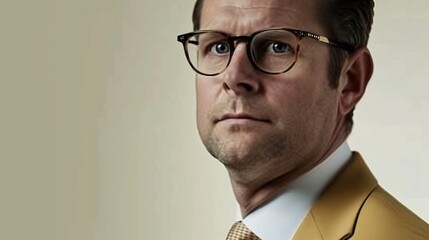 perfectly composed portrait of a businessman wearing glasses and a sleek golden suit 