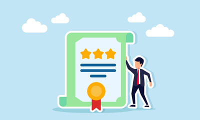 Businessman standing next to certificate with three stars illustration of success in obtaining validation and verification of business quality standards