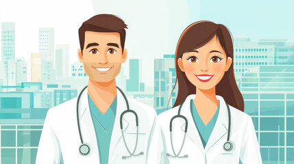 Fototapeta premium Medical professionals smiling together in a modern urban setting, showcasing teamwork and dedication to healthcare in a vibrant illustration