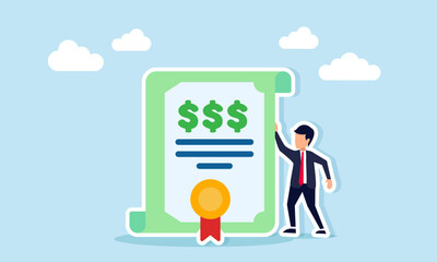 Businessman standing next to certificate with three dollar signs illustration of success in achieving business financial targets