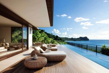 Fototapeta premium Cozy tropical resort balcony featuring elegant rattan furniture.
