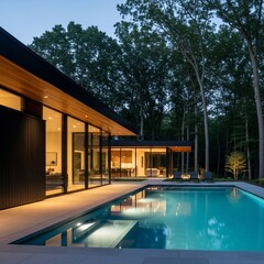 Obraz premium Modern home with pool and deck chairs at dusk, surrounded by forest trees
