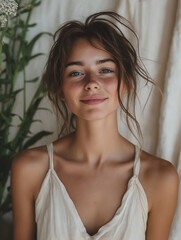 Woman Smiling Against a Natural Background Indoors