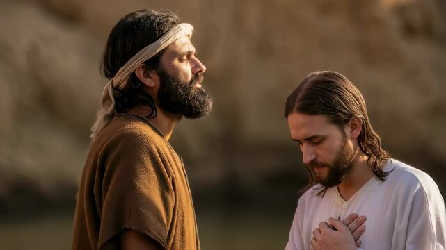 John the Baptist baptizes Jesus in the River Jordan, a significant biblical event in Christianity, footage.