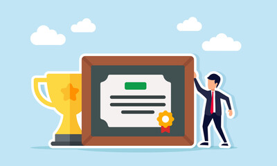 Businessman standing next to award certificate and trophy illustration of success in becoming a leading business company