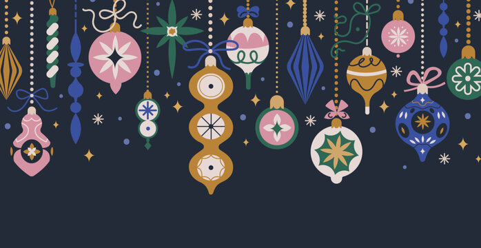 Christmas banner, festive background with hanging baubles and ornaments in retro vintage holiday style. Xmas card with hanging toys, balls on strings, decoration border. Flat vector illustration